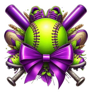 Può includere: Una palla da softball verde con cuciture bianche è circondata da due mazze da baseball viola, due scarpe da baseball viola e verdi e un grande fiocco viola. Lo sfondo è una superficie bianca con foglie verdi e viola.