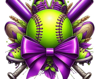 Girls Softball with Purple Bow and Cleats Digital Download w/transparent background PNG (19MB) or JPG