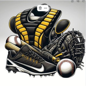 Pu&ograve; includere: Un pettorale da catcher di baseball nero e giallo, un guanto da baseball nero, una mazza da baseball in legno, una scarpa da baseball nera e bianca e due palle da baseball bianche con cuciture rosse.
