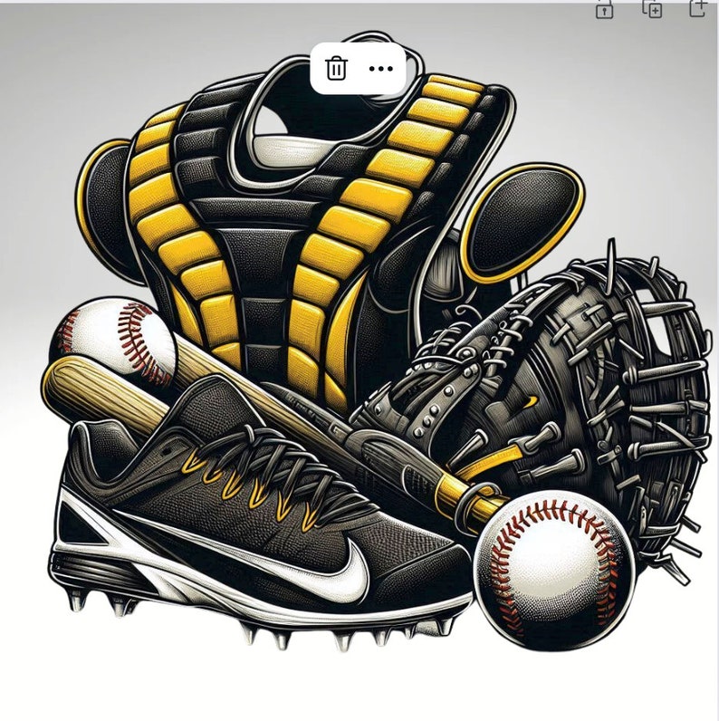 Pu&ograve; includere: Un pettorale da catcher di baseball nero e giallo, un guanto da baseball nero, una mazza da baseball in legno, una scarpa da baseball nera e bianca e due palle da baseball bianche con cuciture rosse.