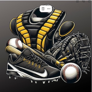 Pu&ograve; includere: Un pettorale da catcher di baseball nero e giallo, un guanto da baseball nero e marrone, una mazza da baseball in legno, una scarpa da baseball nera e bianca e due palle da baseball bianche con cuciture rosse.