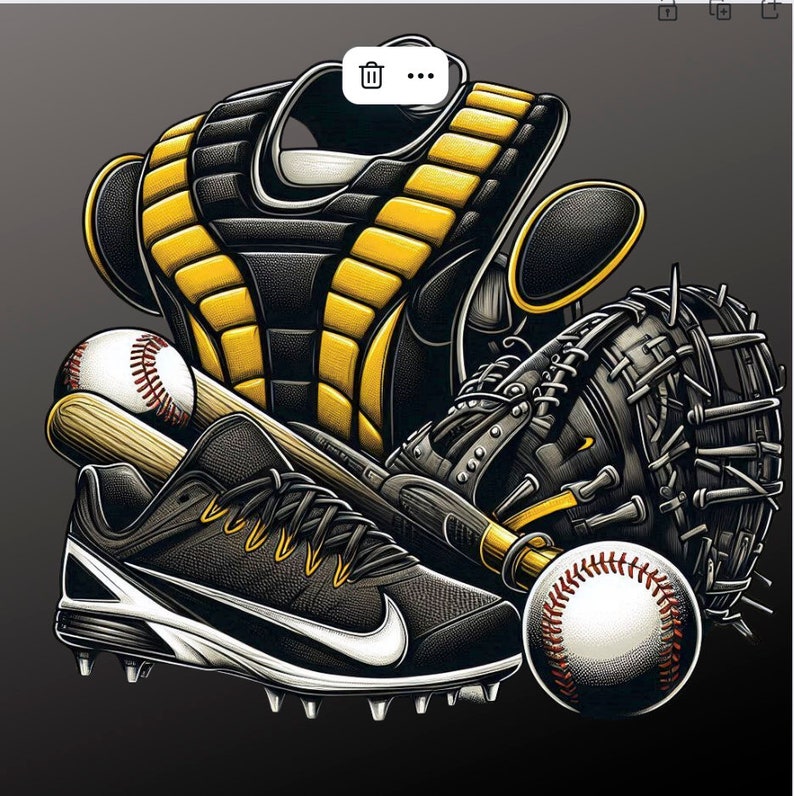 Pu&ograve; includere: Un pettorale da catcher di baseball nero e giallo, un guanto da baseball nero e marrone, una mazza da baseball in legno, una scarpa da baseball nera e bianca e due palle da baseball bianche con cuciture rosse.