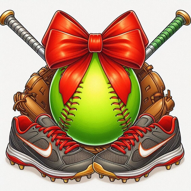 May include: A green and white softball with red ribbon and bow, two black and red baseball cleats, and two crossed wooden baseball bats with green and brown grips.