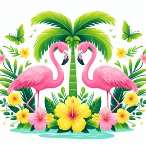 Può includere: Due fenicotteri rosa si trovano uno di fronte all'altro davanti a una palma verde con fiori gialli e foglie verdi.