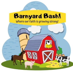 Puede incluir: Una ilustración de dibujos animados de un granero rojo con un silo, un caballo, un cerdo, una vaca y una gallina. El granero tiene un letrero encima que dice "Barnyard Bash! Where our faith is growing strong!"