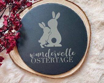 Rundes Schiefer-Dekotablett mit Hasenmotiv – "Wundervolle Ostertage"