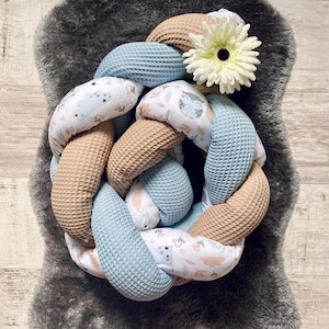 Könnte beinhalten: Geflochtener Baby-Bettumrandung in Kreisform, mit Abschnitten aus hellblauem Waffelstoff, beigefarbenem Waffelstoff und gemustertem Stoff mit Wolken und Eulen. Eine weiße Blume mit gelbem Zentrum liegt obenauf. Die Umrandung liegt auf einem grauen, flauschigen Teppich.