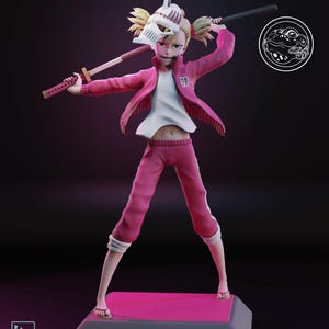 May include: A 3D-printed figurine of a character in a pink tracksuit, white shirt, and a mask. The character is holding two swords. The figurine is standing on a pink and gray platform. The figurine has blonde pigtails.