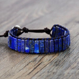 Tube Shaped Lapis Lazuli Leather Wrap Bracelet with 3 Styles | Natural Lapis Lazuli Stone Bracelet | Healing Gemstone Bracelet | Gift Ideas