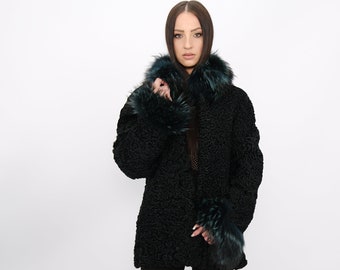 Black Astrakhan & Green Fox Fur Jacket - Saga Furs - EU 44