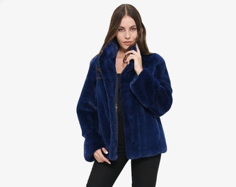 MINK FUR jacket.Saga furs auction Scandinavian mink  straight coat in dark blue.Features of this model: straight silhouette