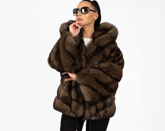 Sable fur jacket.Luxury sports parka made of Russian sable fur from Sojuzpushnina in natural color,elegant and cozy fur