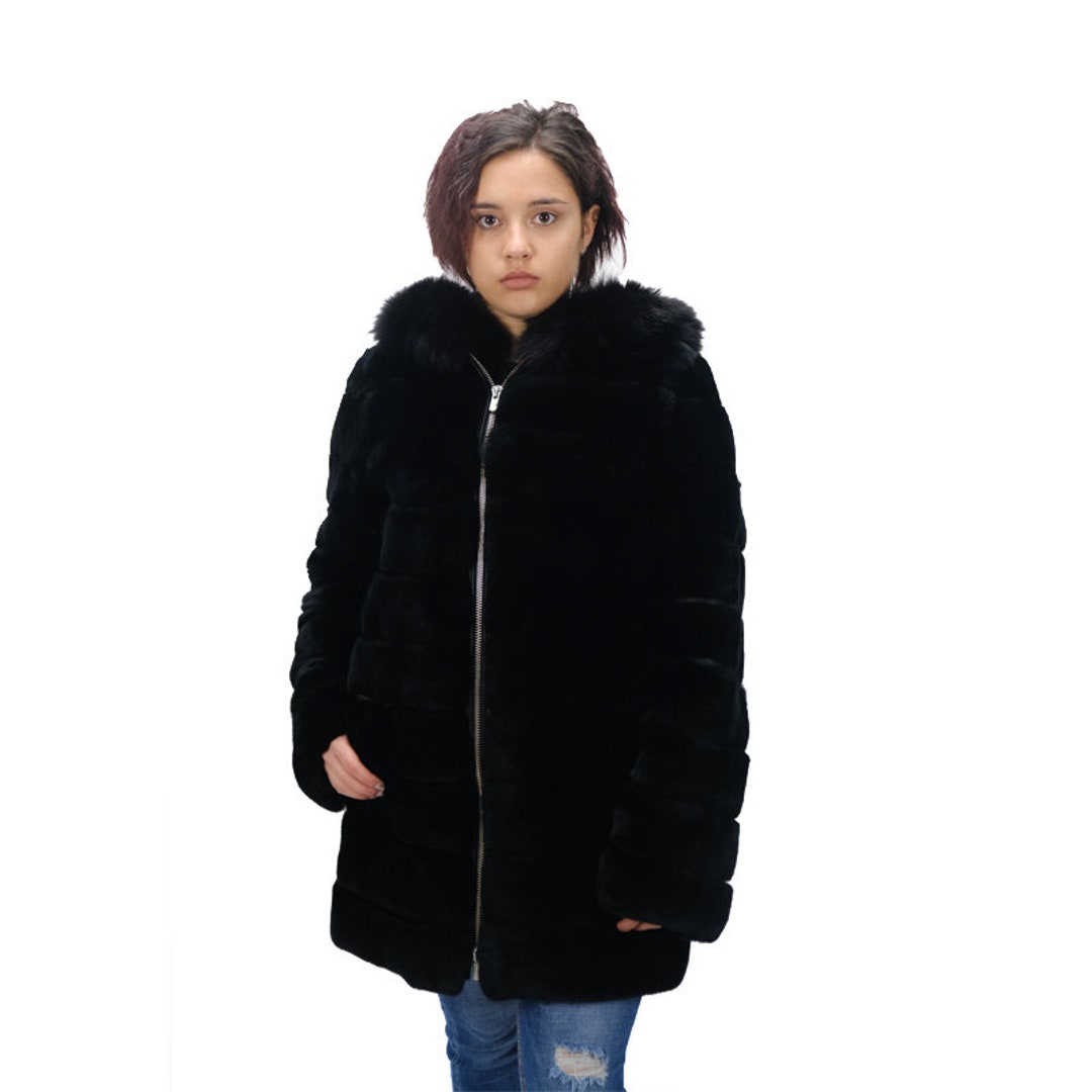 RABBIT FUR Coat With Hood. A Black Sport Coat Made of Rabbit Etsy Denmark
