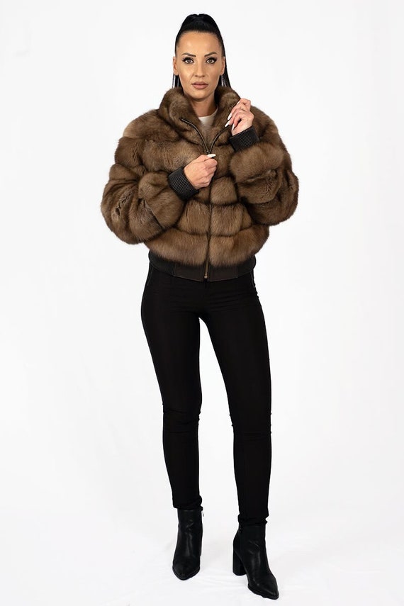 Russian Sable Fur Bomber Jacket, EU 42, Luxury Winter Coat