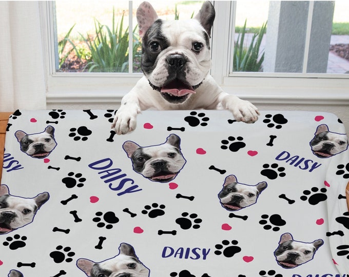 Custom Pet Blanket Using Pet Photo + Name, Custom Dog Face Blankets, Personalized Paw Print Name Blanket For Pet