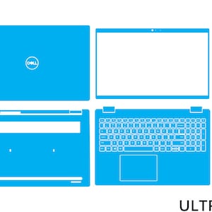 Puede incluir: Una plantilla de piel para portátil azul con un logotipo de Dell en la tapa superior, un teclado, un panel táctil y una pantalla. La plantilla también incluye recortes para los puertos del portátil y otras características.