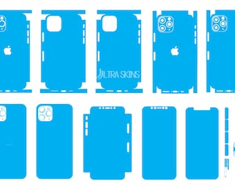 May include: A set of blue phone skins for an iPhone, featuring a camera cutout and the Apple logo. The skins are designed to protect the phone from scratches and wear. The set includes a full-body skin, a camera lens cover, and a side button cover. The skins are made from a durable, high-quality material. The skins are easy to apply and remove. The skins are available in a variety of colours and designs. ULTRA SKINS is printed on the skin.