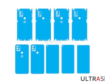 May include: A set of 8 blue phone skins for a OnePlus phone. The skins cover the back and sides of the phone. The skins are designed to protect the phone from scratches and damage.