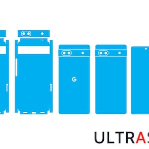 Puede incluir: Una plantilla de piel de teléfono azul para un teléfono Google Pixel. La plantilla incluye una piel completa para la parte posterior, una piel para la parte delantera y una cubierta para la lente de la cámara.