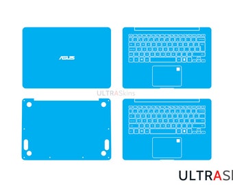 May include: A blue laptop skin template with cutouts for the keyboard, touchpad, and logo. The template is designed for a laptop with a standard keyboard layout and a touchpad in the lower right corner. The logo cutout is in the center of the top cover.