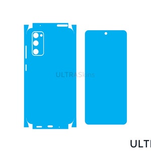 May include: A blue phone skin with a cutout for the camera lens. The skin is designed to fit a Samsung Galaxy S21 Ultra phone. The skin is made by UltraSkins.