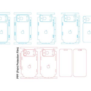 Könnte beinhalten: Strichzeichnungen von Handy-Skins und Lackschutzfolien (PPF) für ein Smartphone. Die Designs sind in Blau und Rot gehalten und zeigen die Umrisse des Telefons sowie Aussparungen für Kamera und Tasten. Der Text "SKIN (FULL WRAP)" und "PPF (Paint Protection Film)" sind sichtbar.