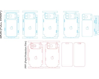 May include: Line drawings of phone skins and paint protection film (PPF) for a smartphone. The designs are in blue and red, showing the phone's outline and cutouts for the camera and buttons. The text "SKIN (FULL WRAP)" and "PPF (Paint Protection Film)" are visible.