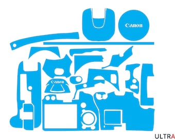 May include: A blue camera skin template for a Canon camera. The template includes cutouts for the camera's buttons, lens, and screen. The template also includes the word "Canon" in white text.