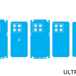 Könnte beinhalten: Eine Sammlung hellblauer Handy-Skin-Vorlagen. Jeder Skin hat eine andere Form, die für verschiedene Teile eines Telefons konzipiert ist. Die Skins haben Aussparungen für die Kamera und das OnePlus-Logo. Der Text "ULTRASkins" steht unten.