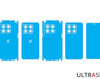 May include: A set of bright blue phone skin templates. Each skin is a different shape, designed to fit various parts of a phone. The skins have cutouts for the camera and the OnePlus logo. The text "ULTRASkins" is at the bottom.