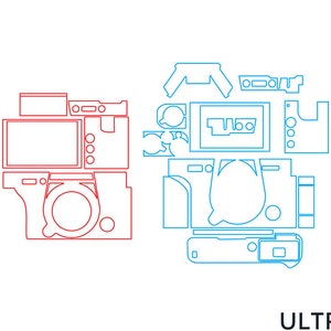 May include: A diagram showing the different pieces of a camera skin. The skin is outlined in red and blue lines. The skin is designed to cover the top, bottom, and sides of the camera.