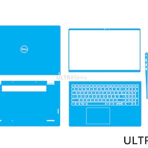 Puede incluir: Una plantilla de piel para portátil azul con un logotipo de Dell en la tapa superior, un teclado y un panel táctil. La plantilla incluye piezas separadas para la tapa superior, la tapa inferior, el teclado, el panel táctil y los lados.
