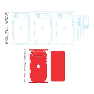 May include: A diagram of a phone skin and paint protection film. The skin is shown in a light blue outline, and the paint protection film is shown in red. The Apple logo is visible on the phone.