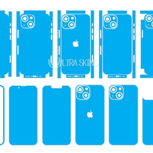 May include: A set of blue phone skins for an iPhone with a camera cutout and the Apple logo. The skins are designed to cover the back and sides of the phone.