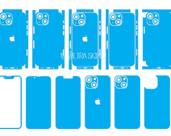 May include: A set of blue phone skins for an iPhone with a camera cutout and the Apple logo. The skins are designed to cover the back and sides of the phone.