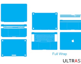 May include: A blue laptop skin template for a MacBook. The template includes all the pieces needed to cover the entire laptop, including the top, bottom, keyboard, and trackpad. The template is labeled "Full Wrap" and "ULTRASKINS".
