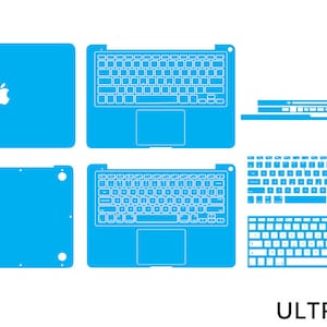 May include: A blue laptop skin template with a cutout for the Apple logo, keyboard, and trackpad. The template includes separate pieces for the top, bottom, and keyboard.