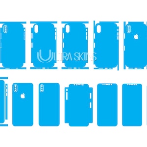 May include: A set of 10 blue phone skins for an iPhone. The skins are designed to cover the back and sides of the phone. The skins are all the same color and have a smooth, matte finish.