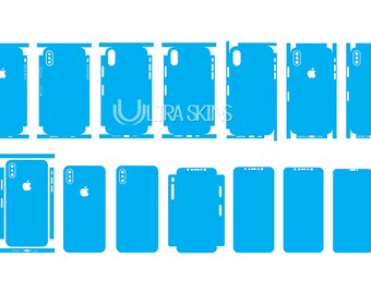 May include: A set of 10 blue phone skins for an iPhone. The skins are designed to cover the back and sides of the phone. The skins are all the same color and have a smooth, matte finish.