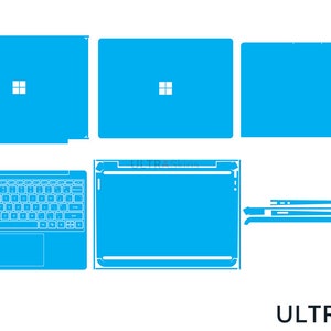 Puede incluir: Una plantilla de piel para portátil azul con recortes para el teclado, el trackpad y el logotipo. La plantilla está diseñada para adaptarse a un portátil con una pantalla de 13,5 pulgadas.