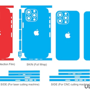 Puede incluir: Un diagrama que muestra diferentes formas de aplicar una piel de teléfono o una película de protección de pintura a un teléfono inteligente. El diagrama muestra la parte delantera, la trasera y los lados del teléfono. La piel del teléfono es azul y la película de protección de pintura es roja.