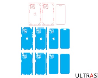 May include: A set of nine blue phone skins for an iPhone with a camera cutout and Apple logo. The skins are designed to cover the back and sides of the phone.