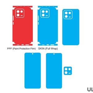 May include: A set of phone screen protectors and skins for a smartphone. The protectors are clear and the skins are blue and red. The text "PPF (Paint Protection Film)" and "SKIN (Full Wrap)" is visible below the protectors and skins.