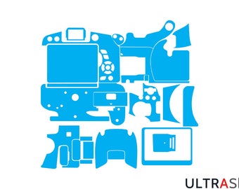 May include: A set of blue vinyl skins for a camera. The skins cover the body, lens, and screen of the camera. The skins are designed to protect the camera from scratches and wear.