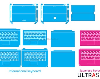 May include: A blue and pink keyboard skin for a Surface laptop. The skin covers the entire keyboard and touchpad. The skin is available in two versions: international and Japanese. The international version has a standard keyboard layout, while the Japanese version has a Japanese keyboard layout.