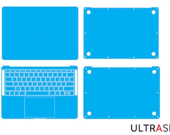 May include: A blue laptop skin template for a MacBook. The template includes the top, bottom, and keyboard areas of the laptop.