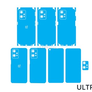 May include: A blue phone skin template for the OnePlus 9 Pro. The template includes cutouts for the camera, buttons, and charging port. The template is designed to be applied to the back of the phone.