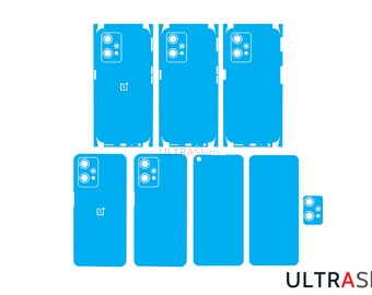 May include: A blue phone skin template for the OnePlus 9 Pro. The template includes cutouts for the camera, buttons, and charging port. The template is designed to be applied to the back of the phone.