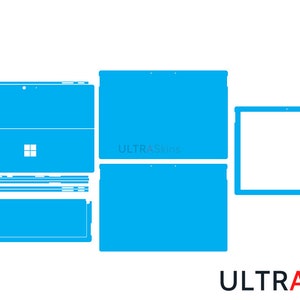 Puede incluir: Una plantilla de piel de portátil azul para el portátil Microsoft Surface. La plantilla incluye una piel para la parte superior, inferior y los lados del portátil, así como una piel para el panel táctil. La plantilla también incluye una piel para el teclado.