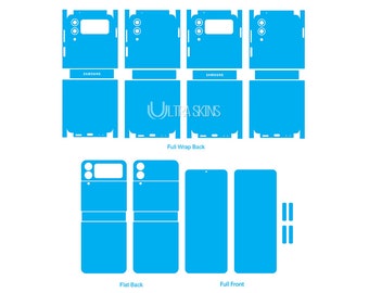 May include: A blue phone skin template for the Samsung Galaxy Z Fold 4. The template shows the full wrap back, flat back, and full front of the phone.